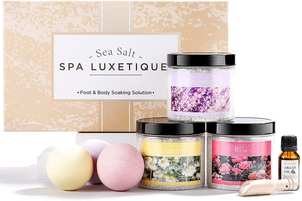 Spa Luxetique bath salts gift-set packaging invites a luxe spa moment at home.