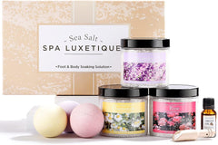 Spa Luxetique bath salts gift-set packaging invites a luxe spa moment at home.