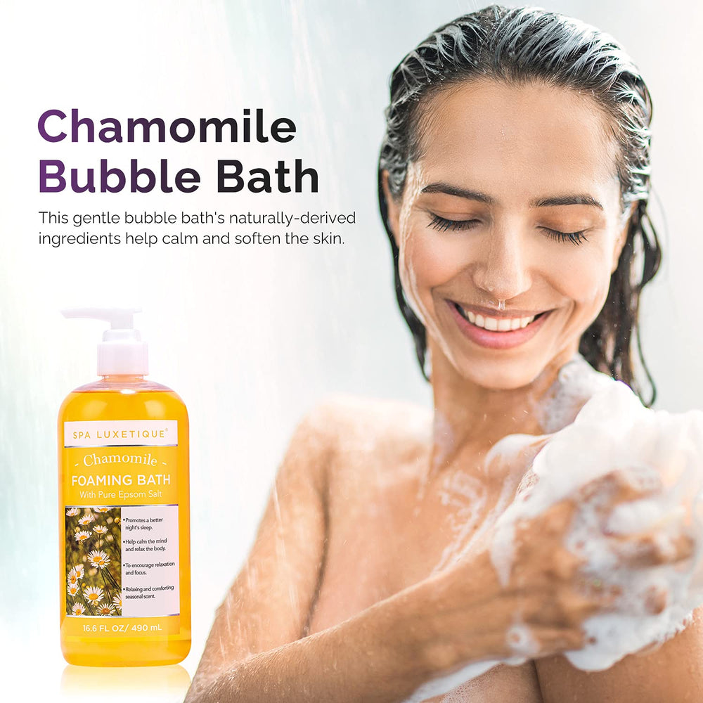 Spa Luxetique chamomile bottle with gentle fragrance for cozy bath time