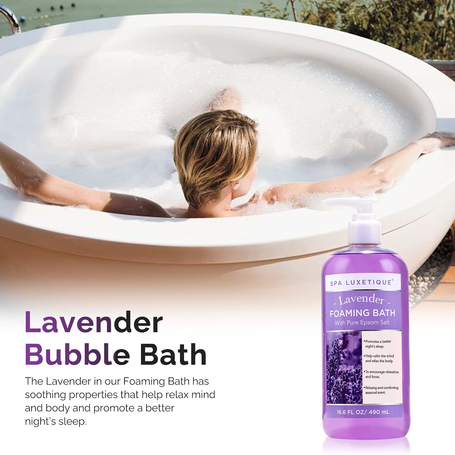 Spa Luxetique relaxation scene with bubbles illustrating spa-like bath experience