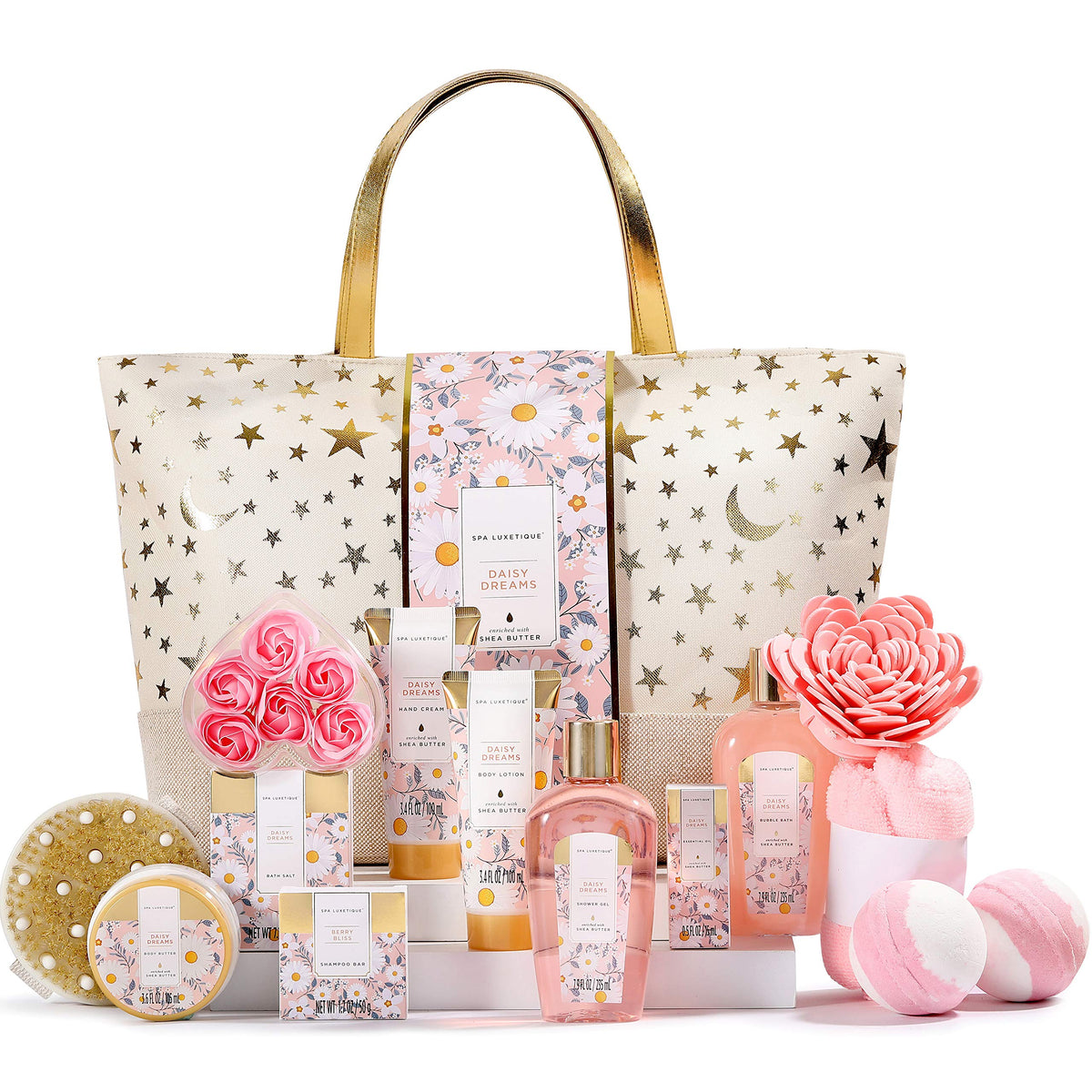 Spa Luxetique Daisy Dream 15-piece bath set displayed as a gift-worthy package