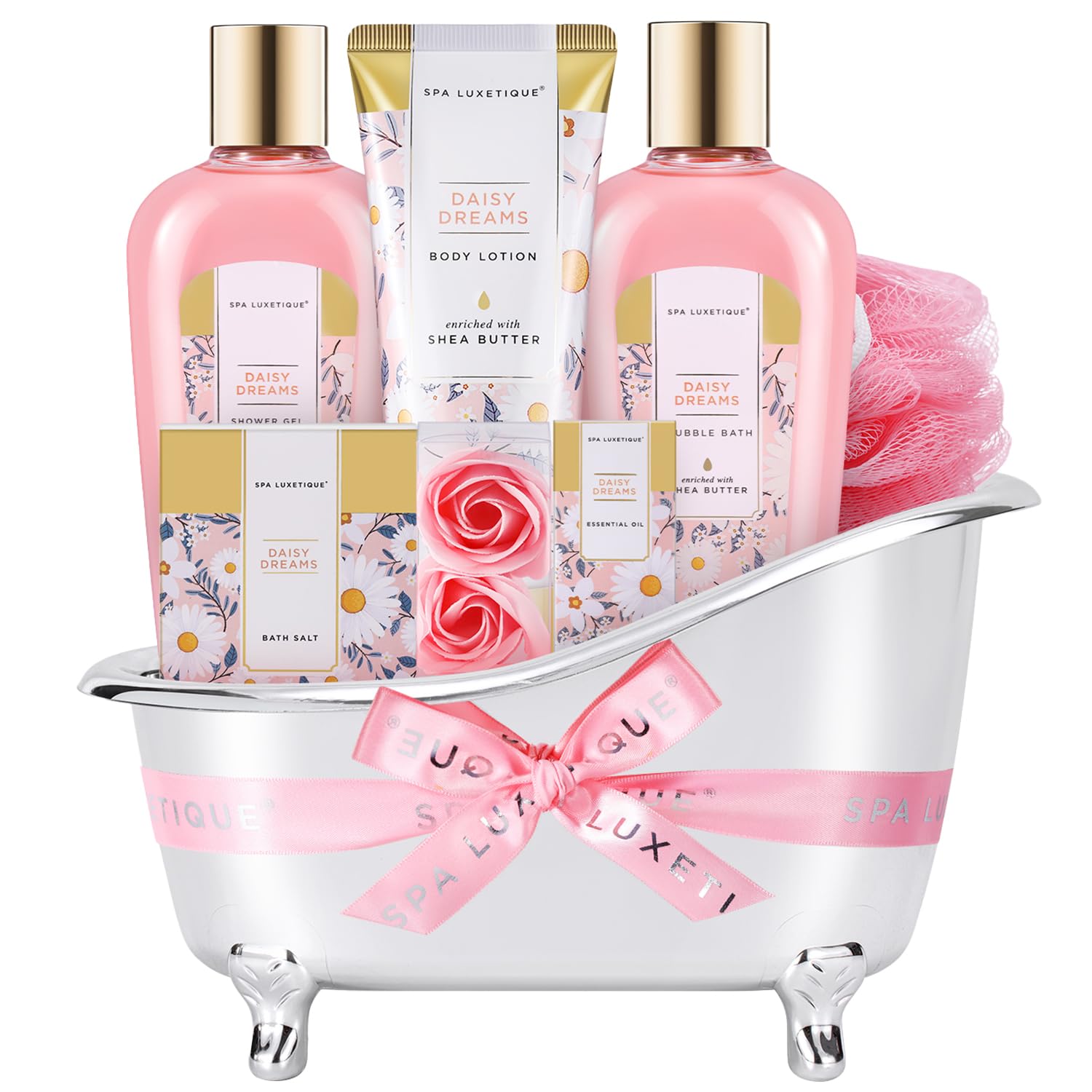 Spa Luxetique Daisy Gift Basket bath puff for a rich lather