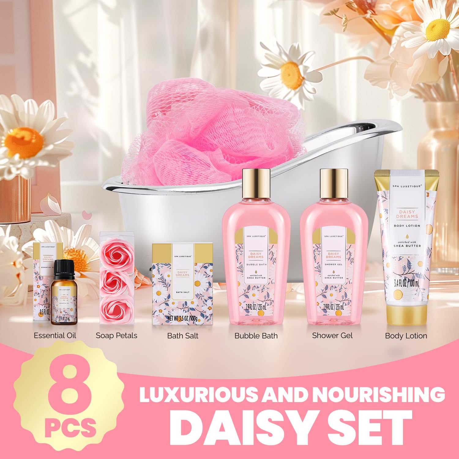 Spa Luxetique Daisy Gift Basket lotion to nourish and soften skin