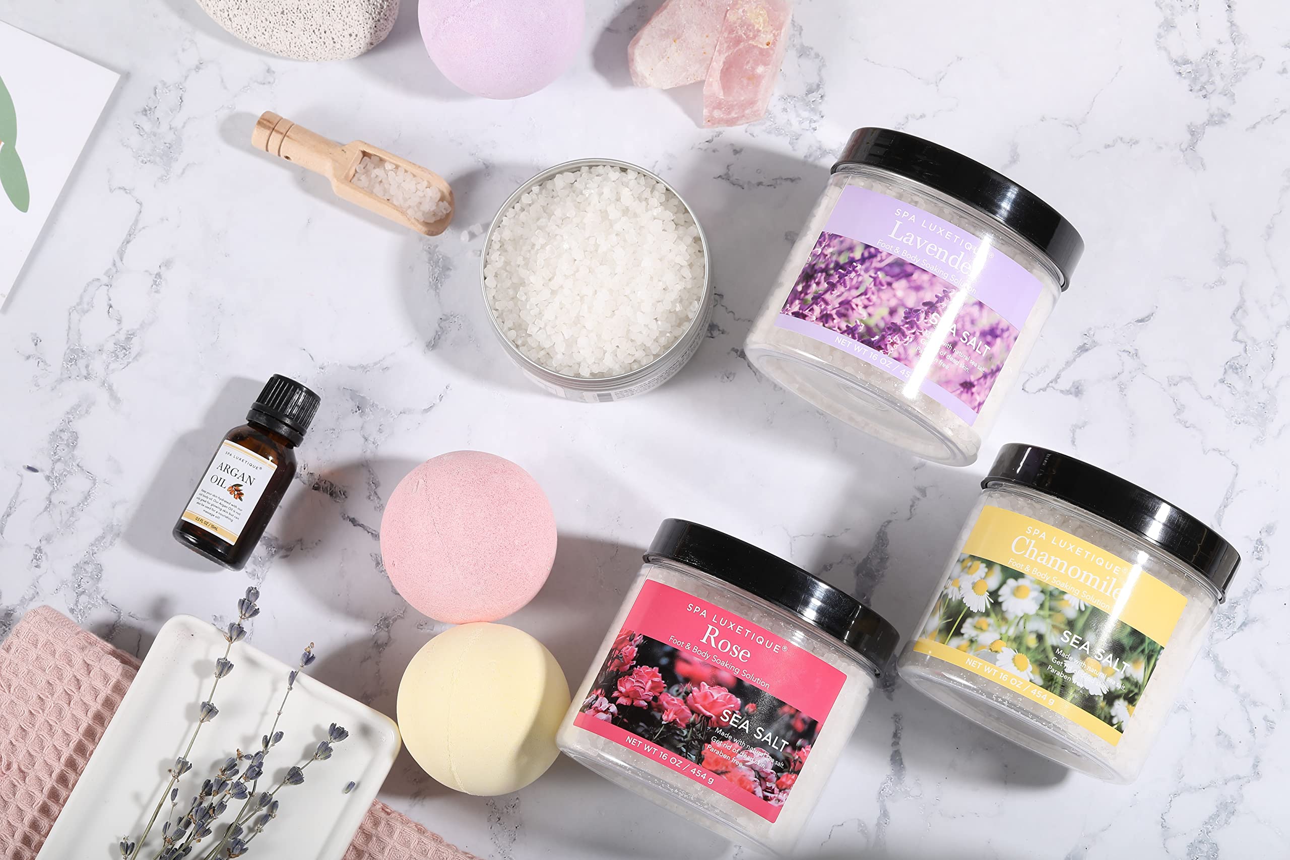 Spa Luxetique Epsom salts provide mineral-rich soaking for a soothing vibe.