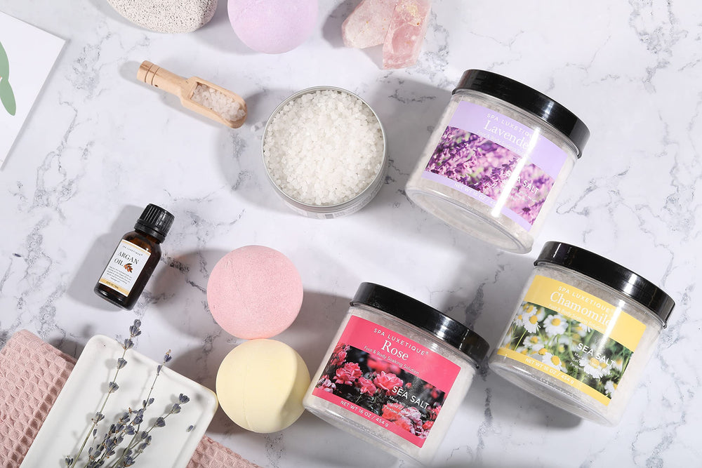 Spa Luxetique Epsom salts provide mineral-rich soaking for a soothing vibe.