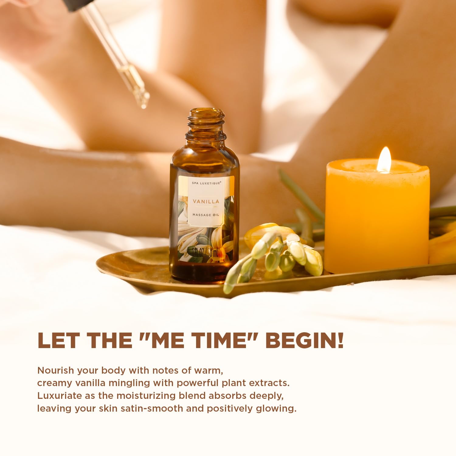 Spa Luxetique massage oil and body lotion beside bath bombs for a spa-like routine.