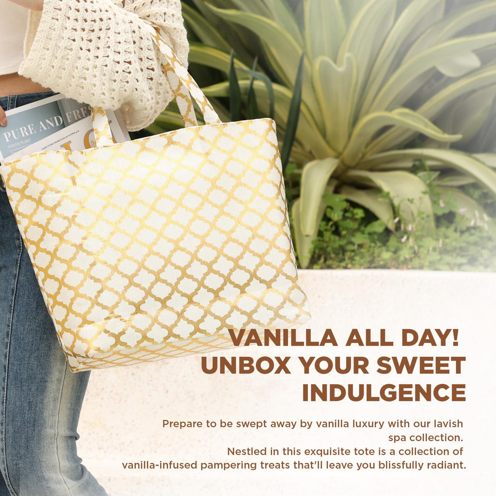 Spa Luxetique assorted bath items with vanilla aroma promising a luxurious routine.