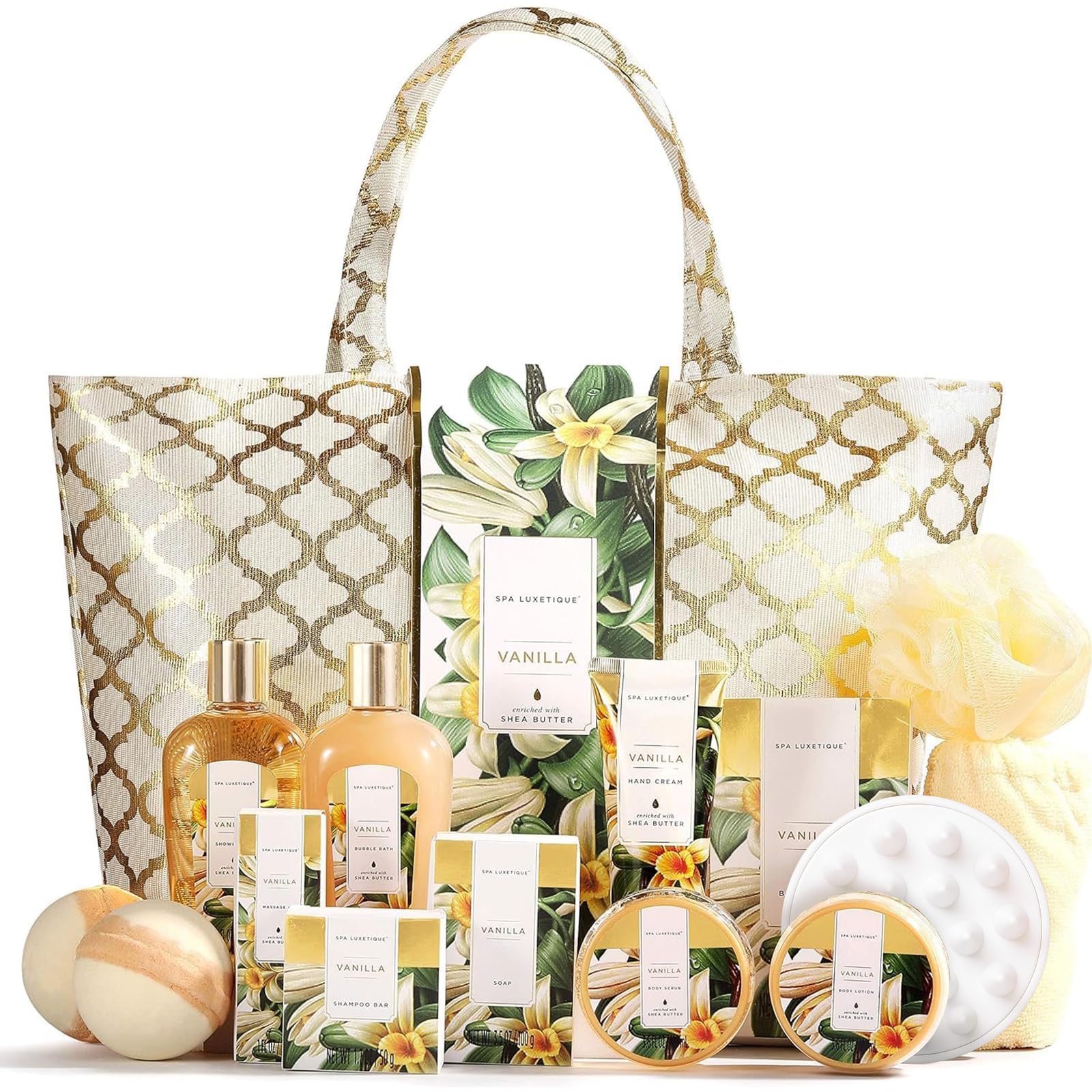 Spa Luxetique gift basket vanilla bath bombs for a relaxing spa night.