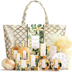 Spa Luxetique gift basket vanilla bath bombs for a relaxing spa night.