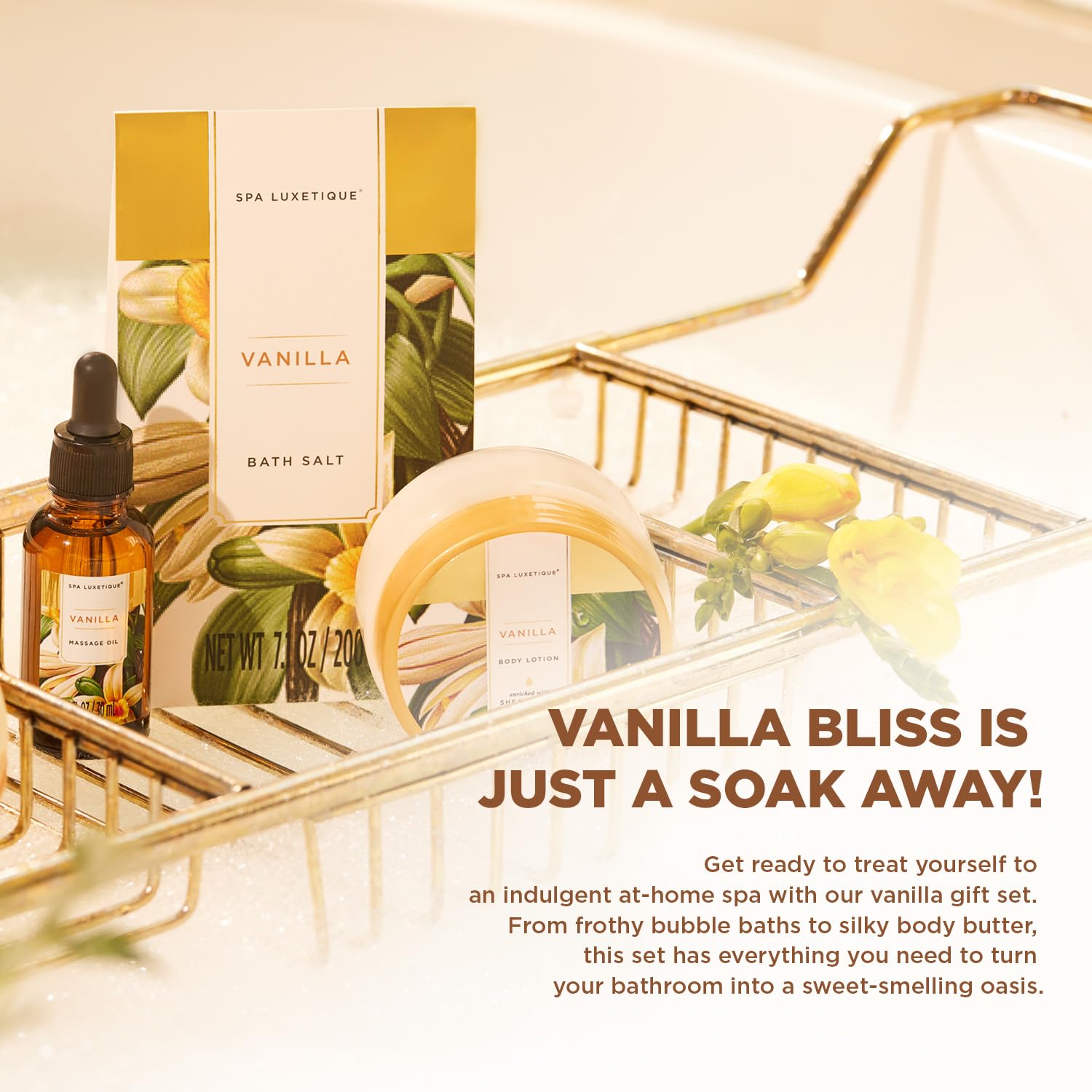 Spa Luxetique vanilla bath salts close-up highlighting nourishing ingredients for smooth skin.