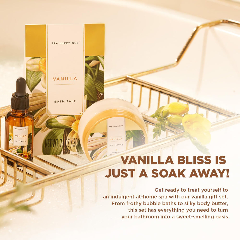 Spa Luxetique vanilla bath salts close-up highlighting nourishing ingredients for smooth skin.