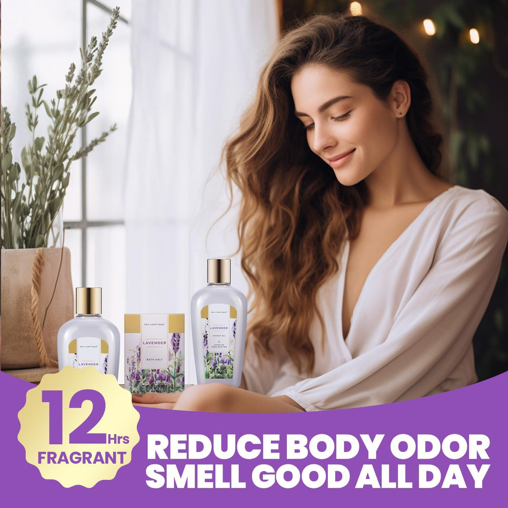 Spa Luxetique lavender bubble bath shows creamy bubbles and aroma.