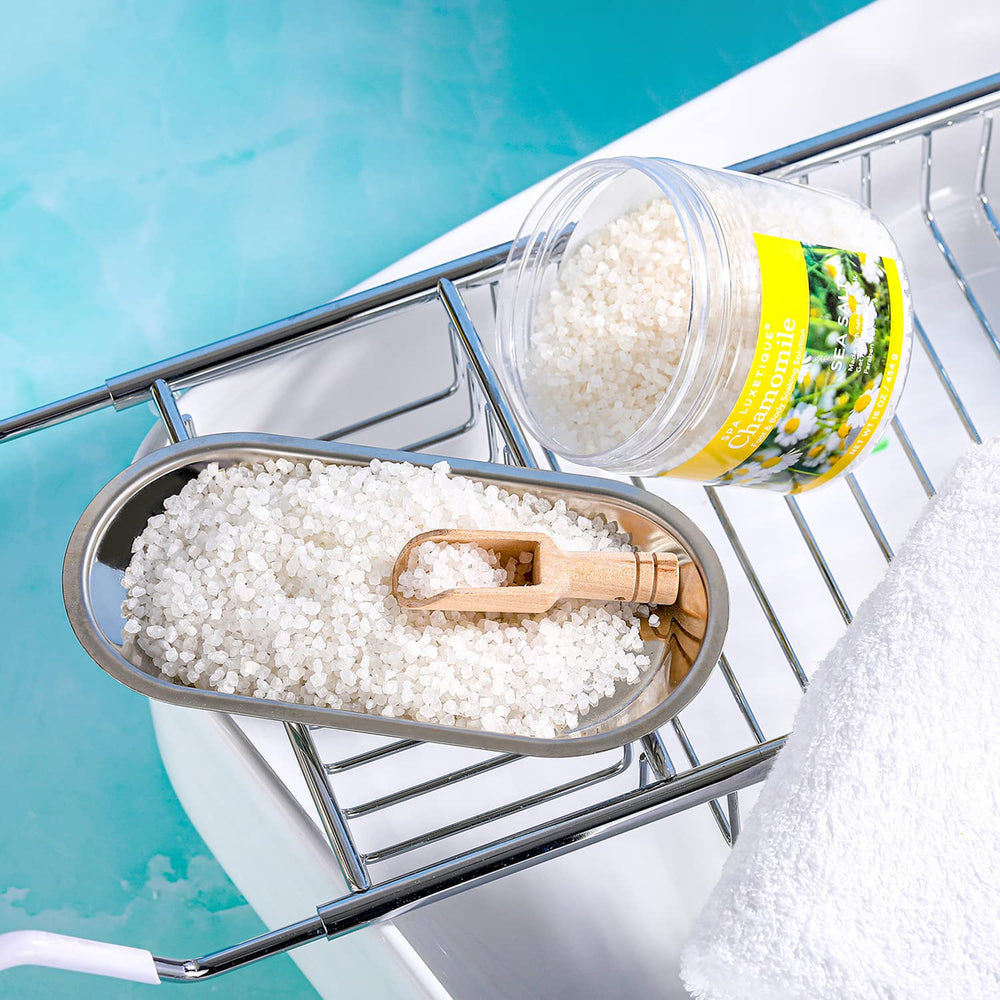 Spa Luxetique lavender-scented salts evoke calming aromatherapy during baths.