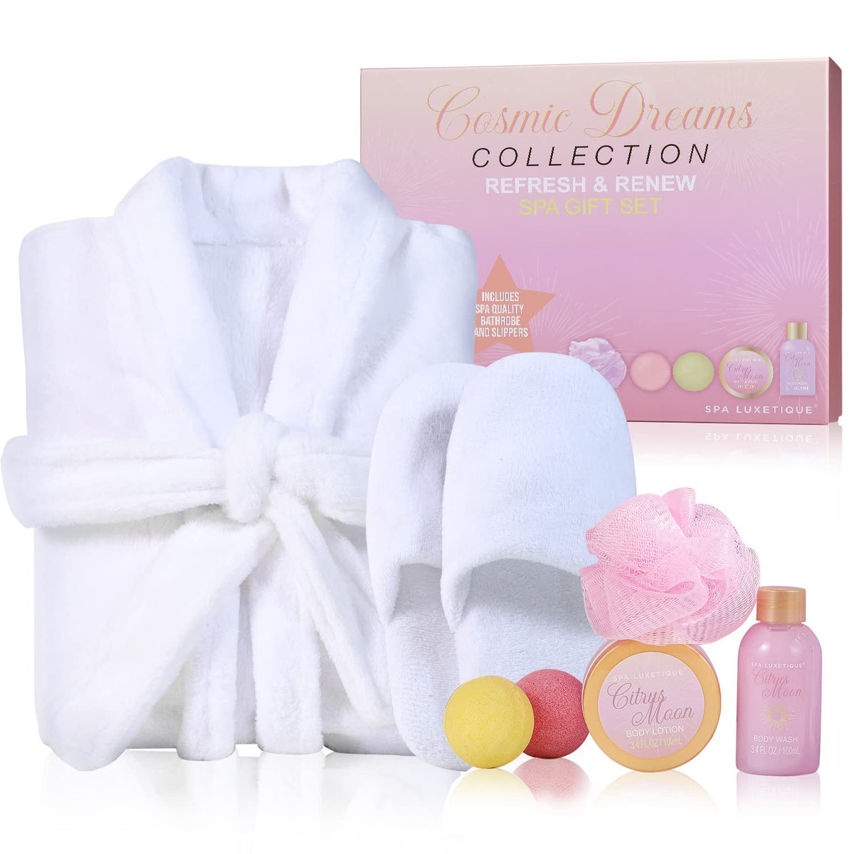 Spa Luxetique robe and slippers gift box, ready for cozy home spa gifting.
