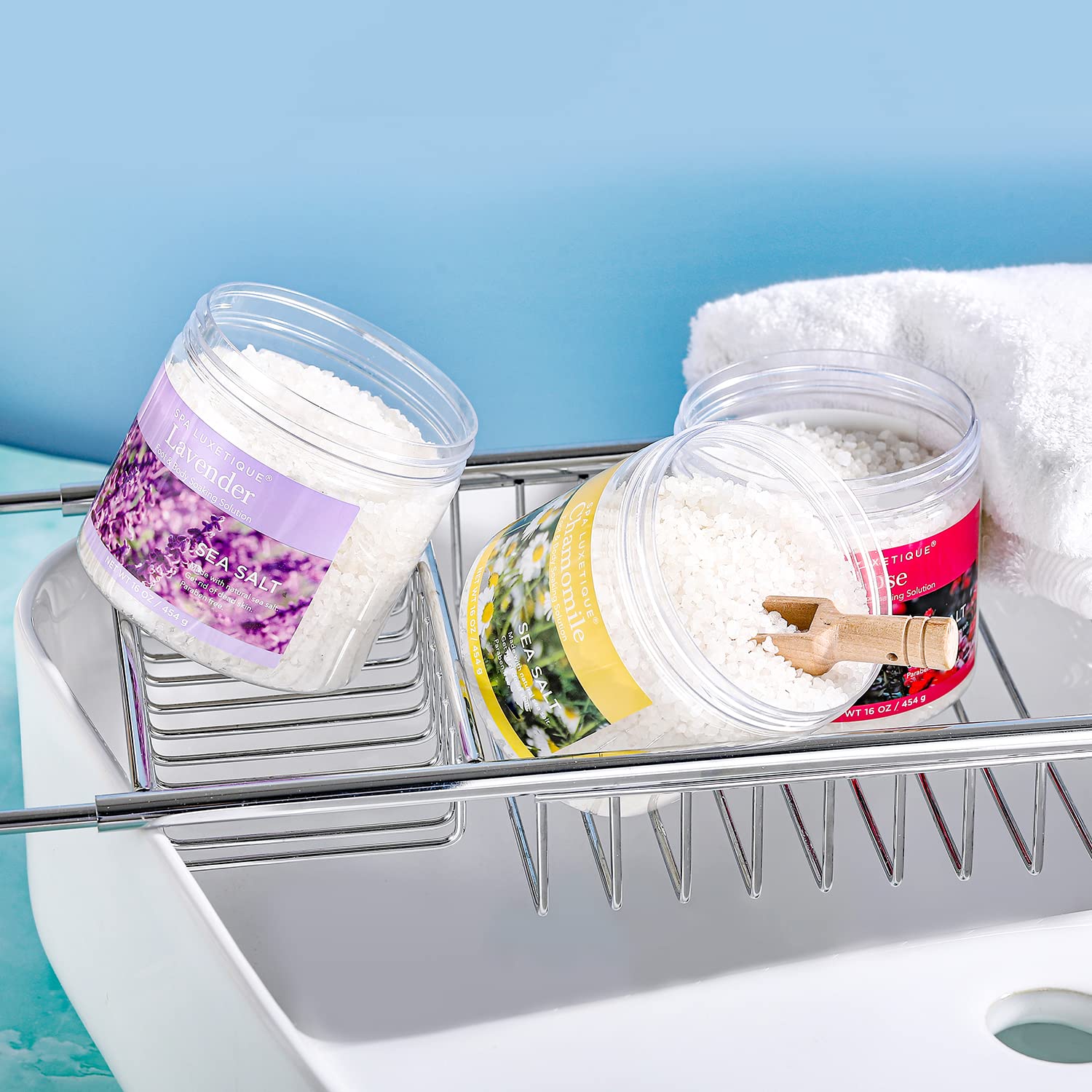 Spa Luxetique rose-scented salts offer a romantic, spa-at-home moment.