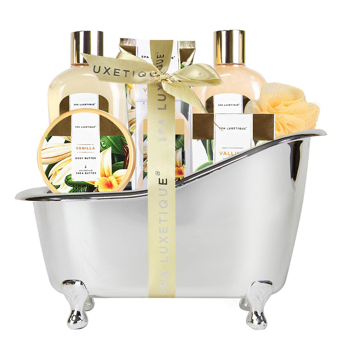 Spa Luxetique vanilla bath gift basket with pampering products for an at-home spa ritual
