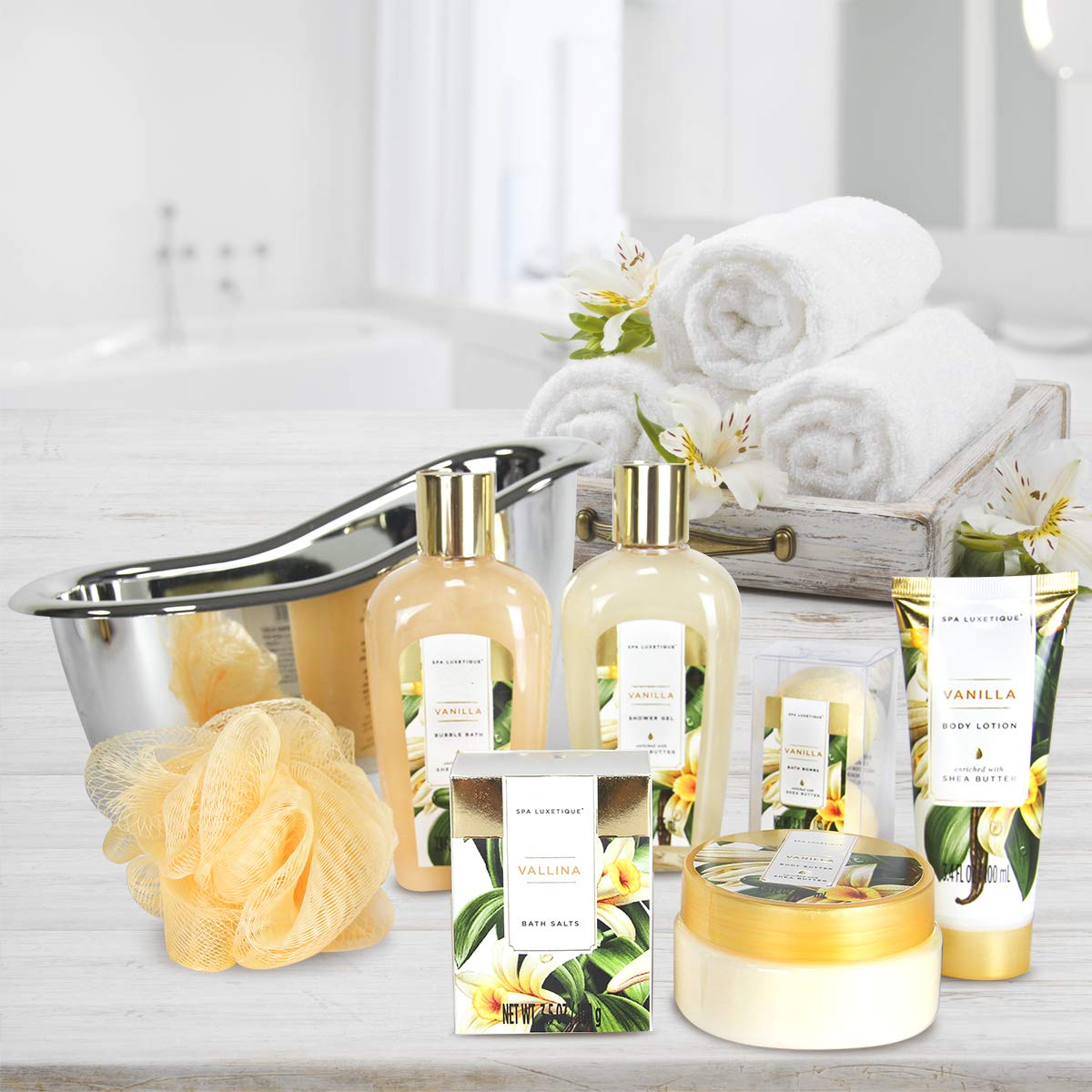 Spa Luxetique vanilla bath puff for fluffy lather and spa-like cleansing
