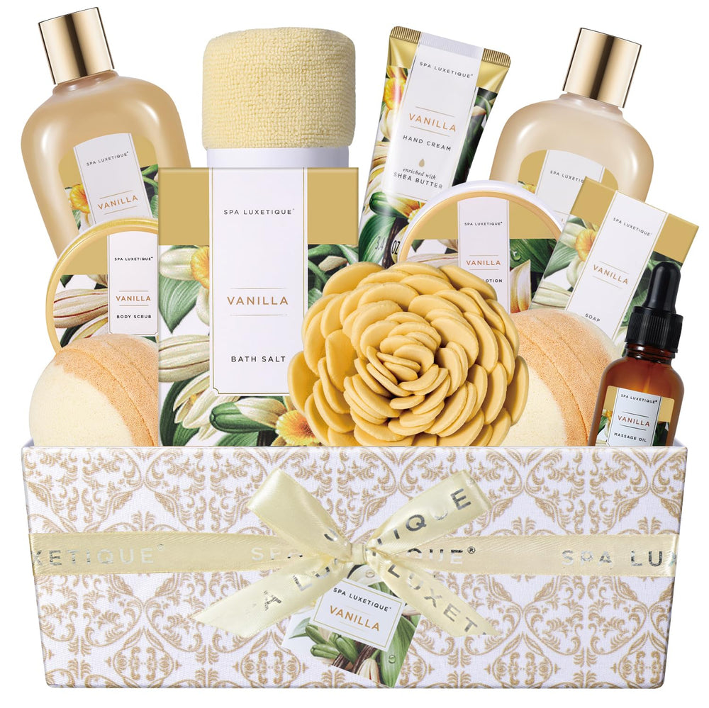 Spa Luxetique vanilla bath set packaging shows a gift-ready spa experience.