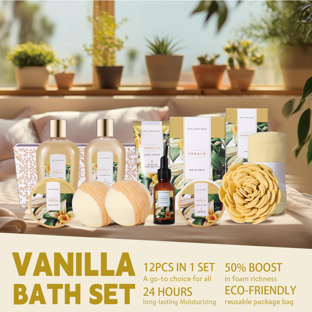 Spa Luxetique vanilla massage oil for smooth skin and relaxation.