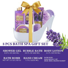 SPA LUXETIQUE WORLD lavender spa box with high-heel design as a gift-ready presentation.