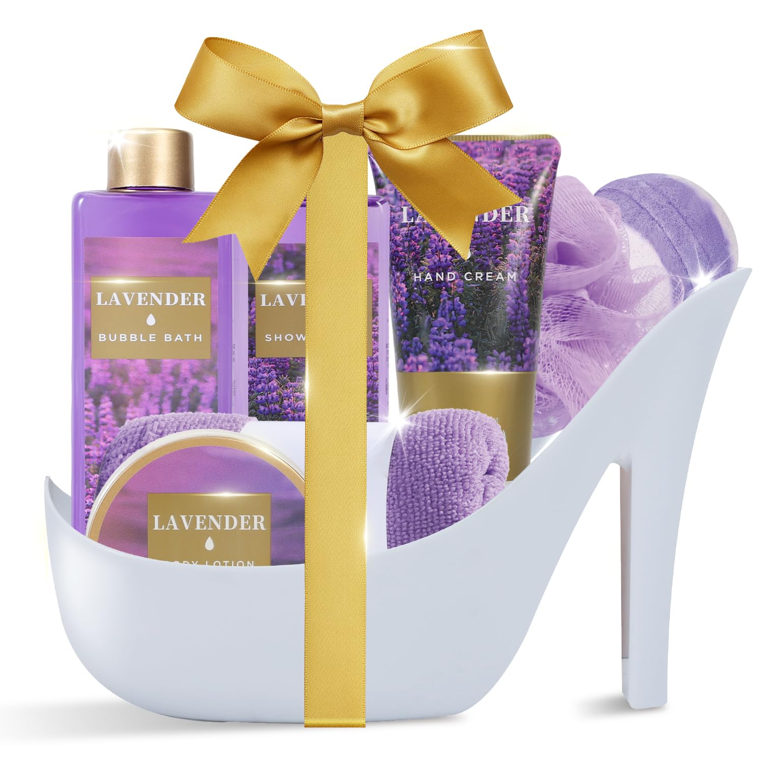SPA LUXETIQUE WORLD lavender spa basket in chic high-heel box for relaxing at-home pampering.