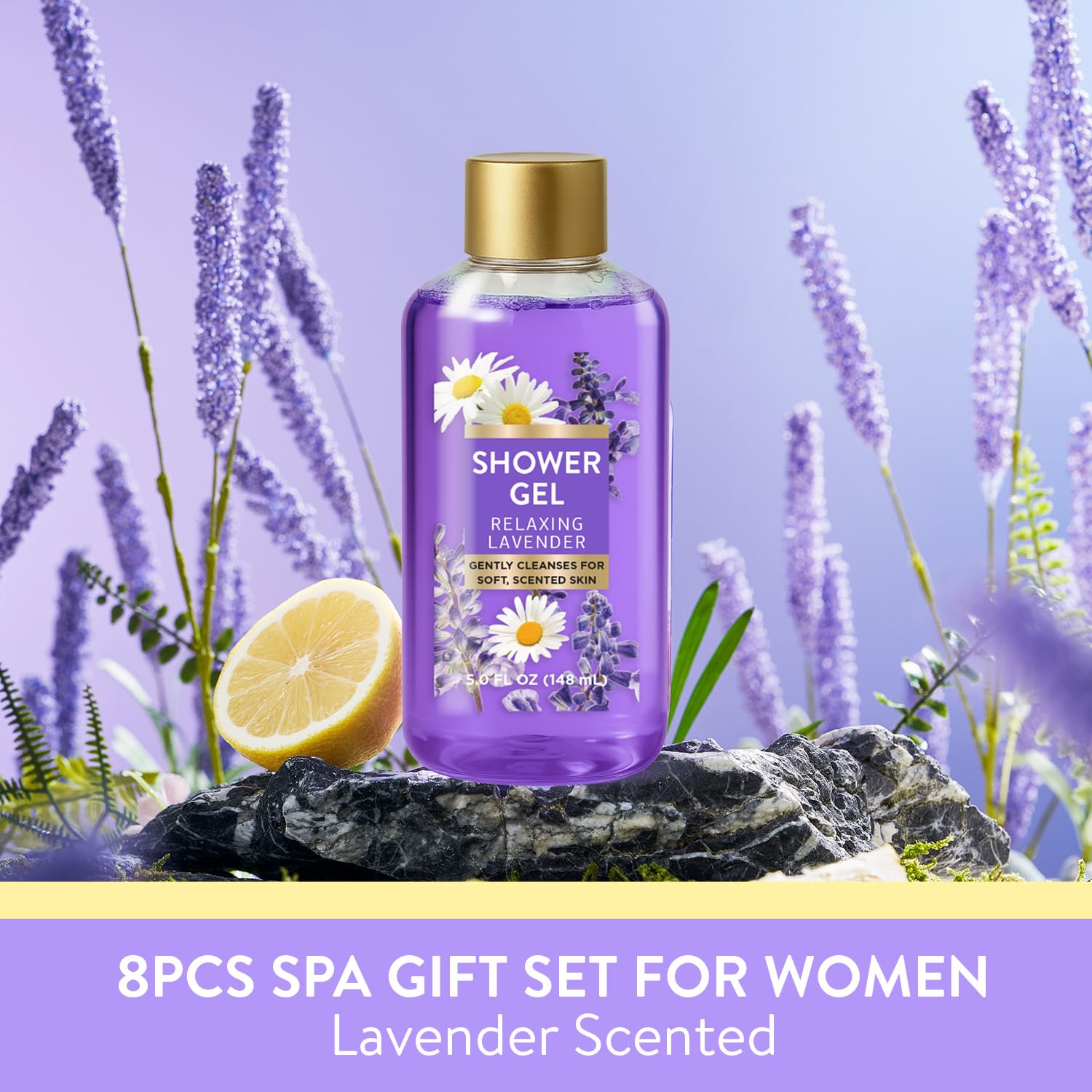 SPA LUXETIQUE WORLD shower gel bottle closeup highlights creamy lather and soothing lavender.