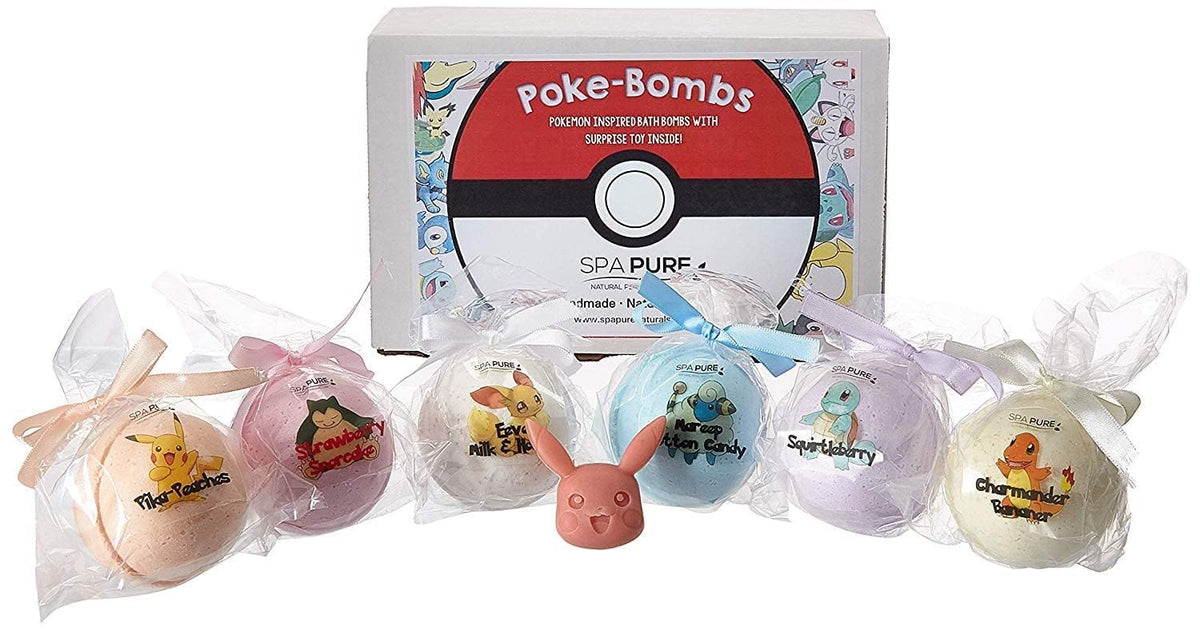 Spa Pure bath bomb toys inside 6-count package with bold colors for fun bath time.