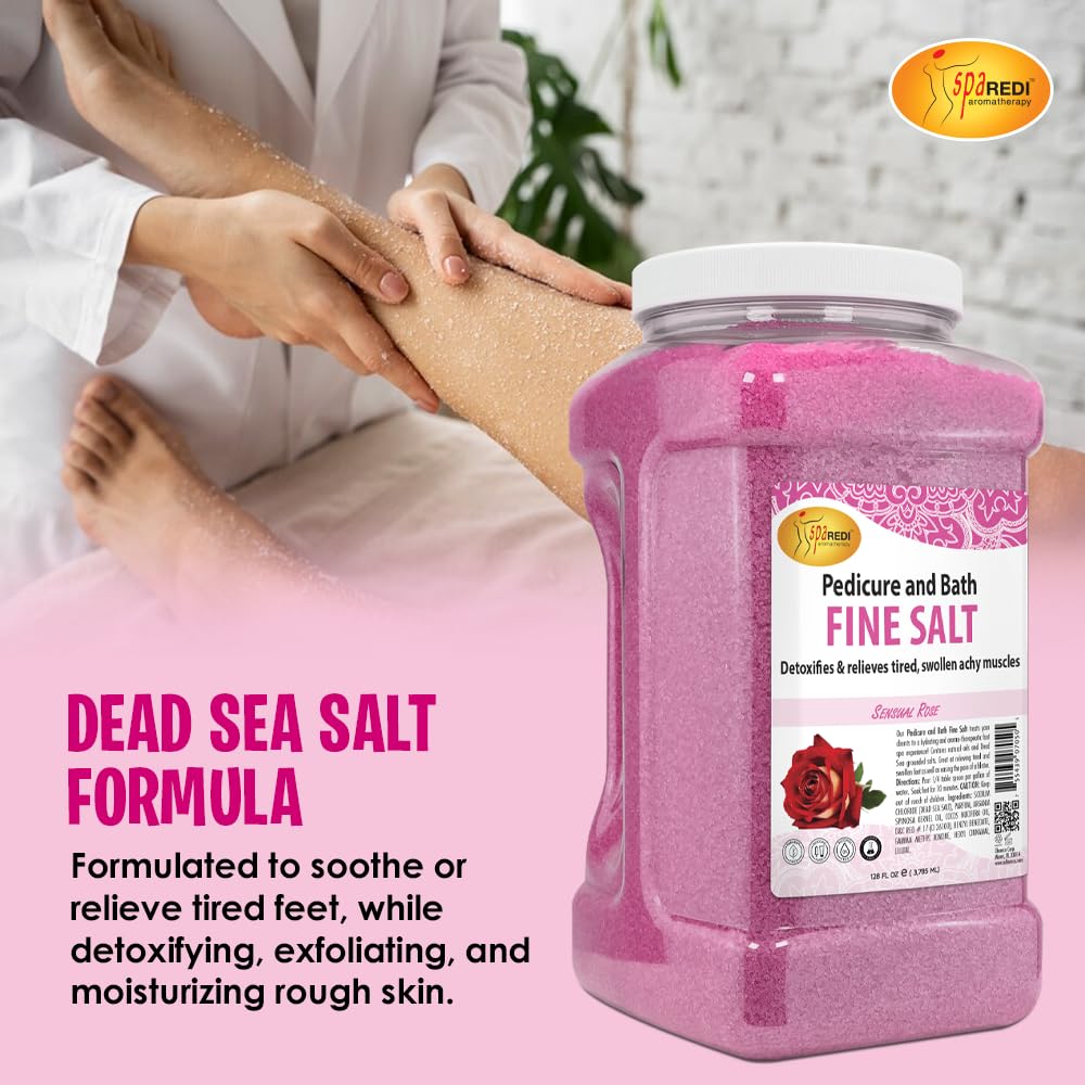 SPA REDI Dead Sea minerals jar shows mineral-rich salts for exfoliation and hydration.