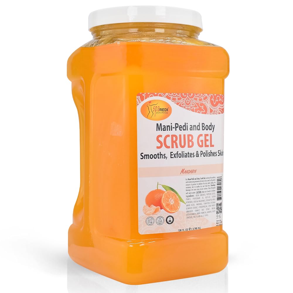 Spa Redi Pedi Scrub Gel Mandarin bottle for at-home spa exfoliation and citrus refreshment.