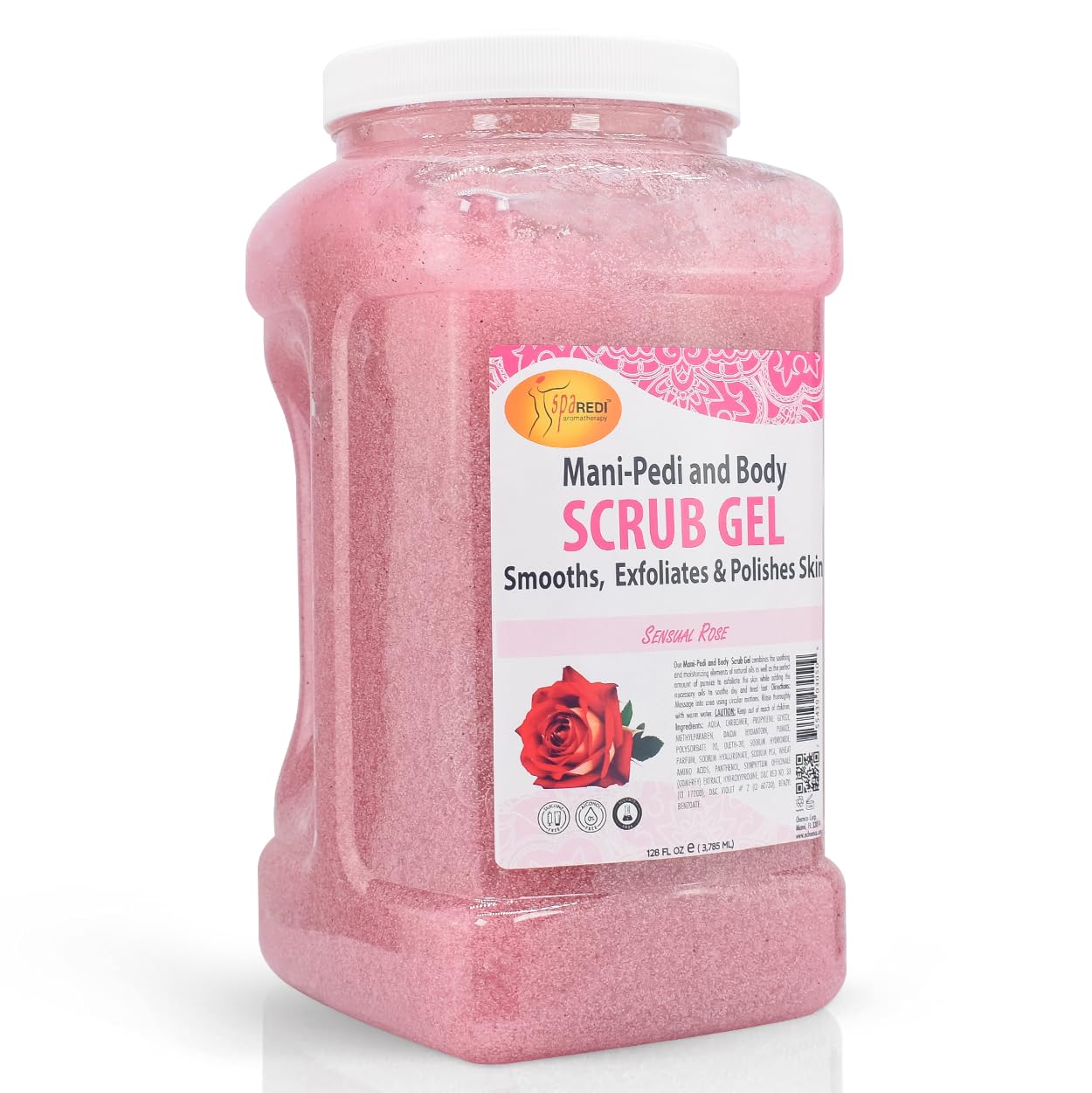 SPA REDI Sensual Rose Pumice Scrub Gel bottle angled for hydrating exfoliation and smooth skin