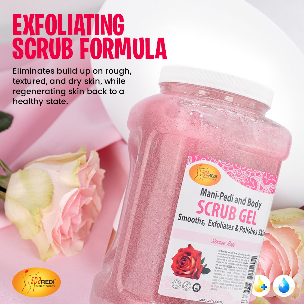 Spa Redi Sensual Rose scrub in a spa-like bathroom setting for at-home ritual