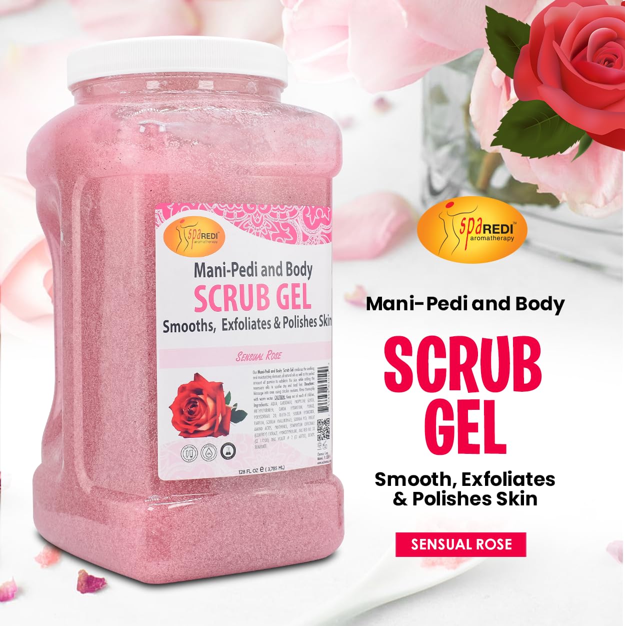 Close-up of SPA REDI scrub gel texture highlighting pumice exfoliation