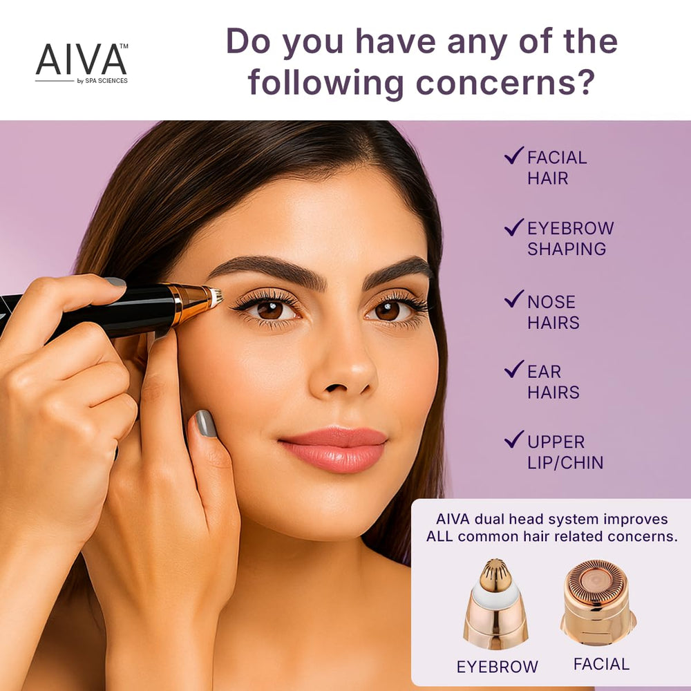 Spa Sciences AIVA Deluxe dual ends highlight convenient hair removal and brow trimming.
