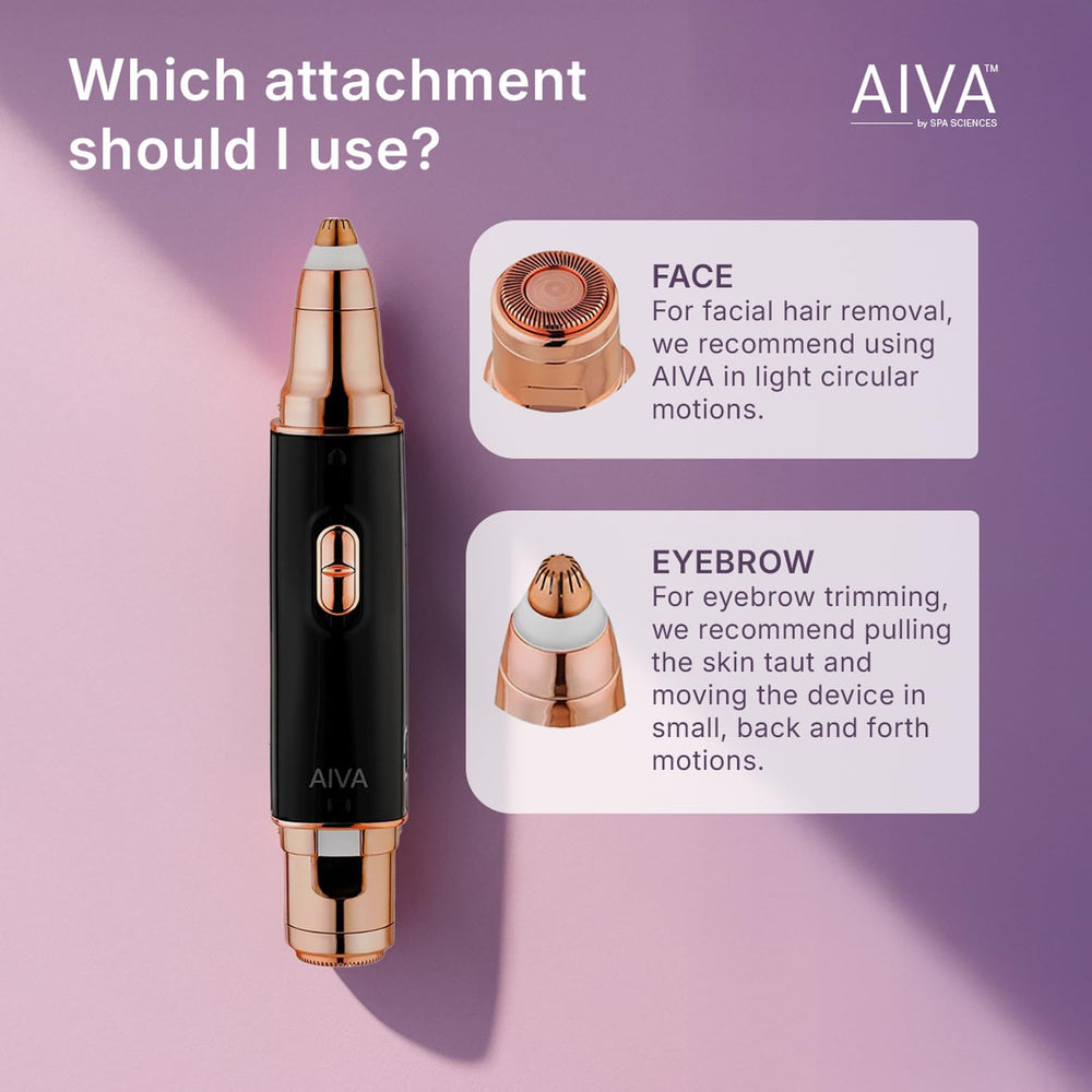 Spa Sciences AIVA Deluxe eyebrow-trimmer head enables clean shaping.
