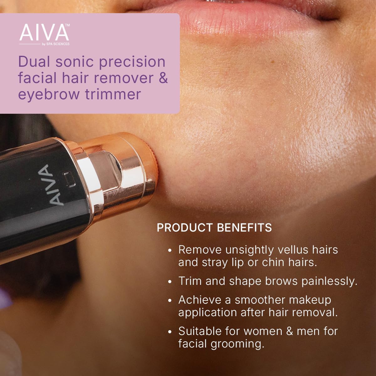 Spa Sciences AIVA eyebrow-trimmer head ready for shaping brows with controlled length.
