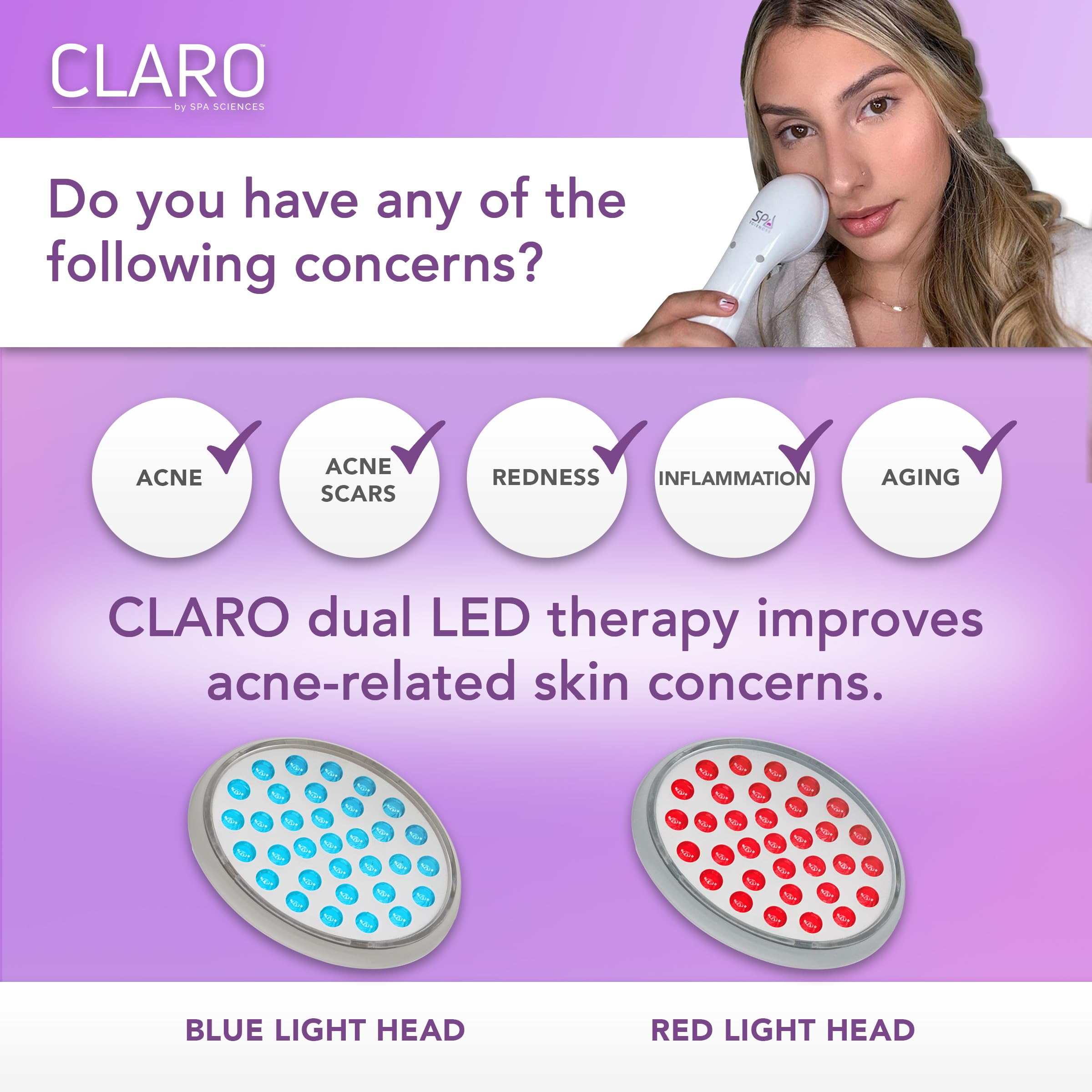 Spa Sciences CLARO red LED closeup - supports a healthier-looking complexion.