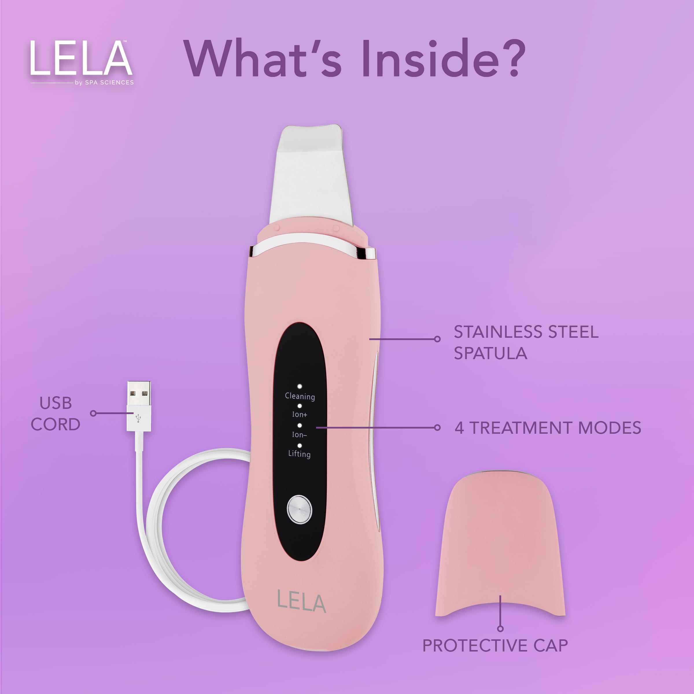 Spa Sciences LELA modes display illustrates four modes for cleansing, extraction, infusion, and contouring.