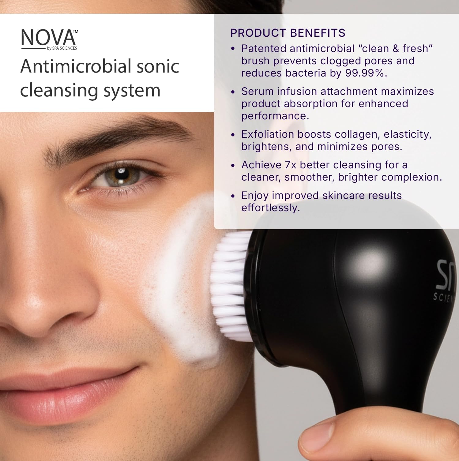Spa Sciences NOVA USB recharge imagery emphasizes convenient cordless charging.