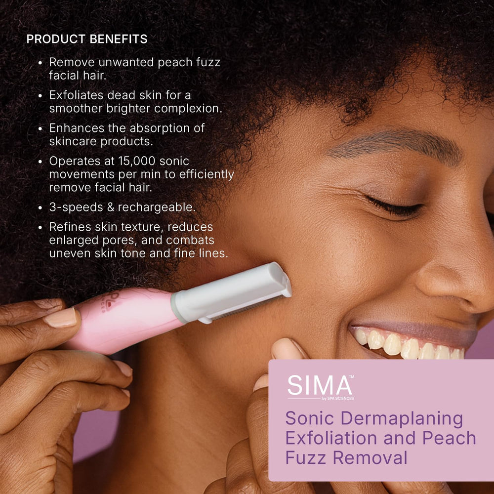 SPA SCIENCES SIMA Dermaplane Razor on cheek demonstrates gentle dermaplaning for smoother skin