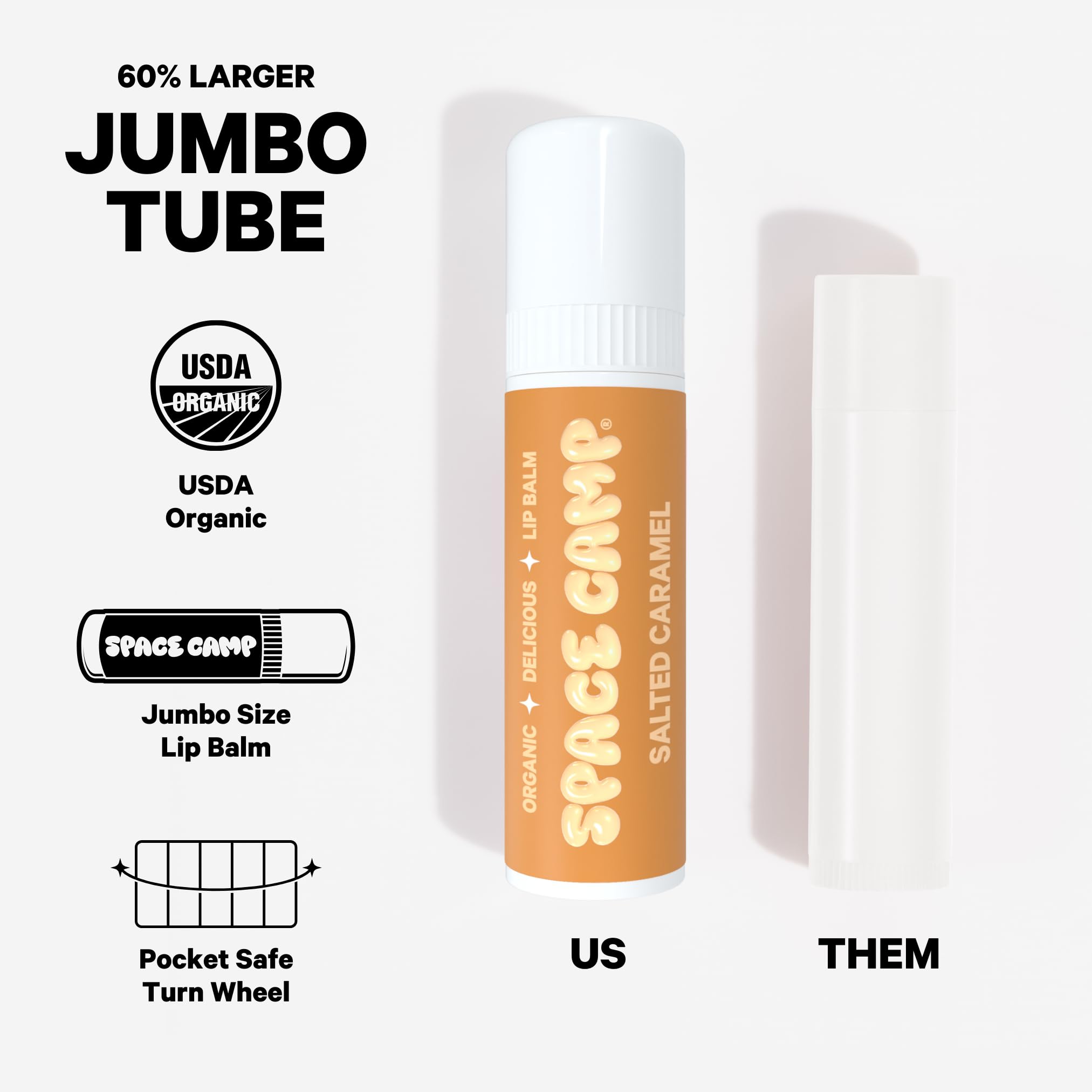 Space Camp Wellness jumbo lip balm salted caramel close-up shows creamy texture and color.