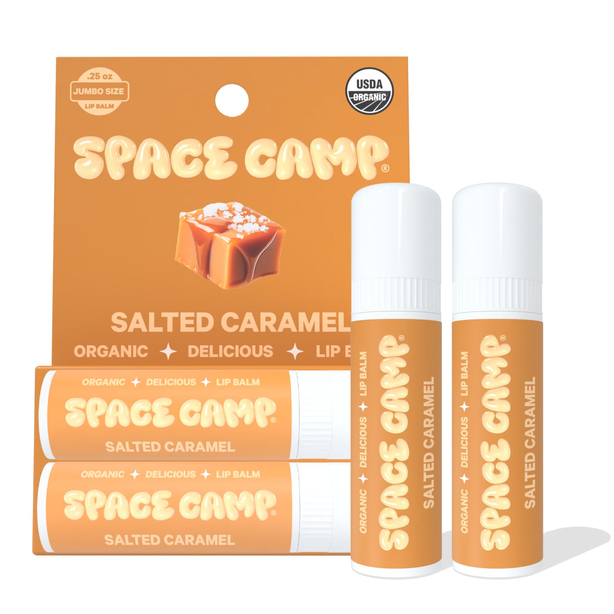 Space Camp Wellness jumbo lip balm salted caramel jar for everyday moisture and flavor.