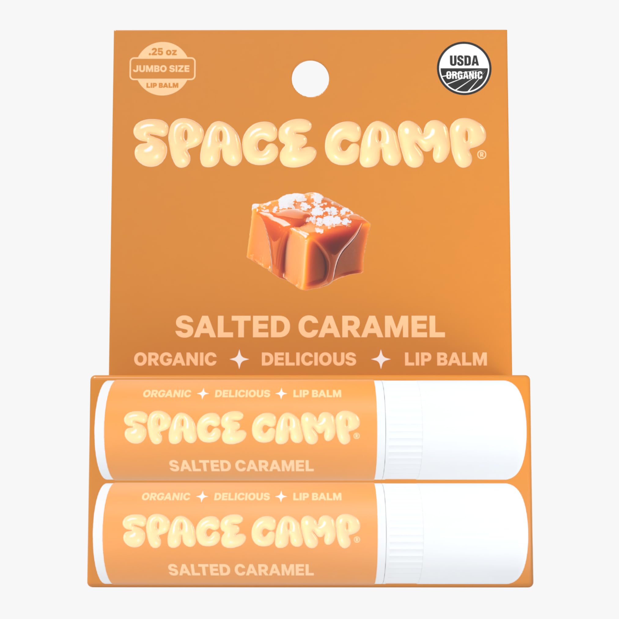 Space Camp Wellness jumbo lip balm salted caramel twist applicator for easy on-the-go application.