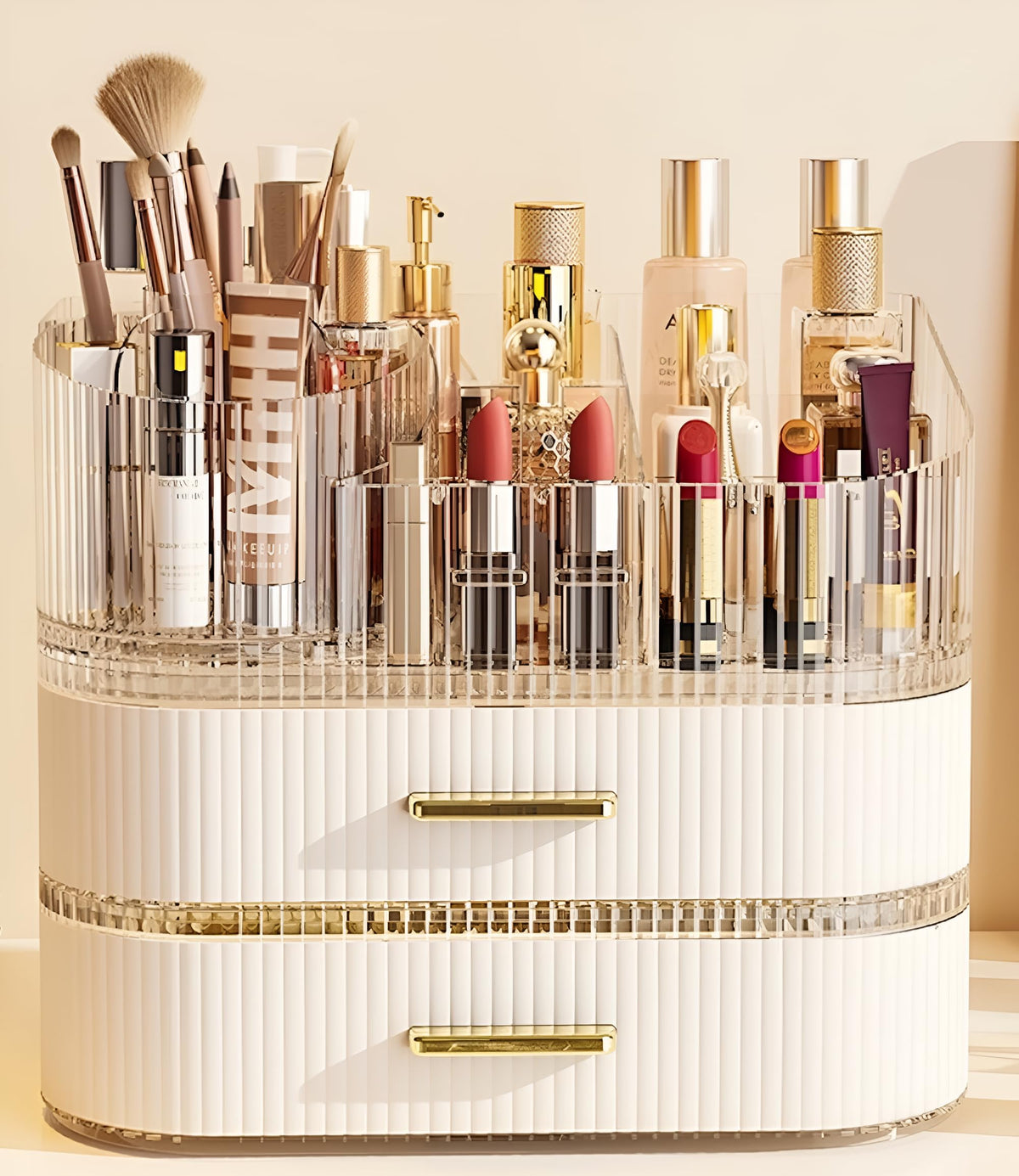 SpaceLuxe makeup organizer with 360° rotating brush holder enables quick access to brushes
