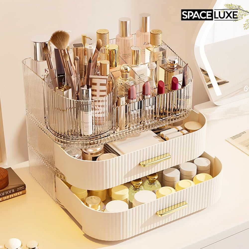 SpaceLuxe makeup organizer measures 7.3 by 11.2 by 9.1 inches to fit most vanities