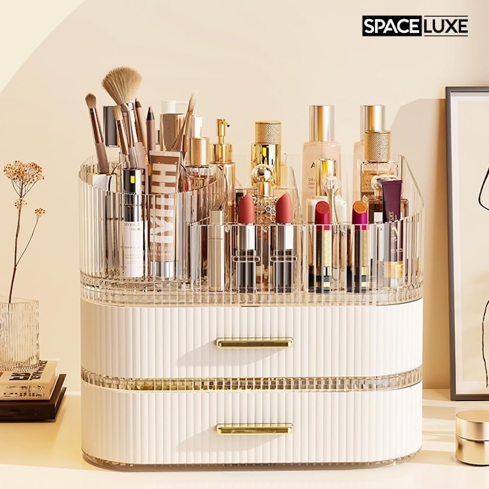 SpaceLuxe three-layer storage with two drawers holds palettes and skincare items