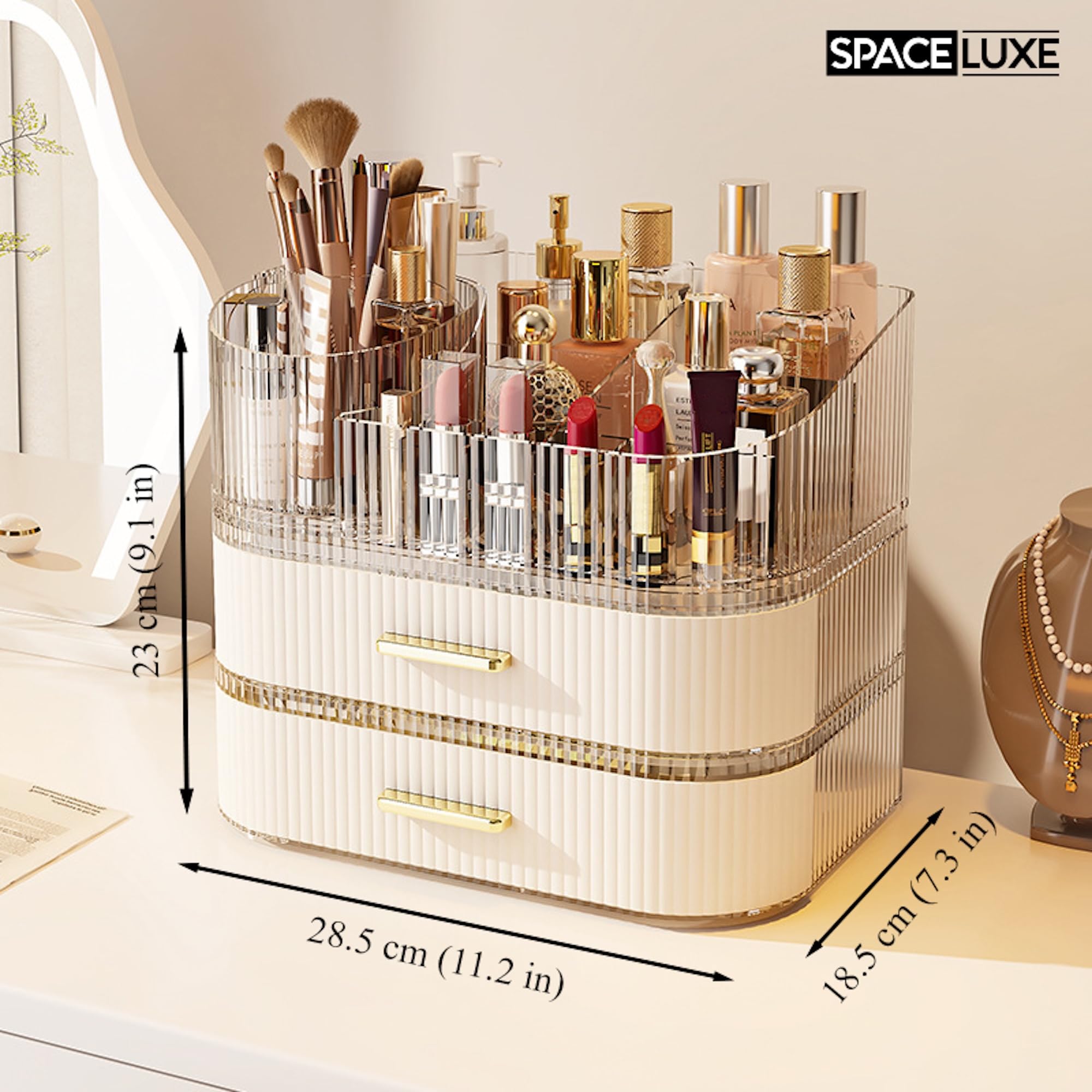 SpaceLuxe makeup organizer upper compartment with slots keeps essentials neatly arranged