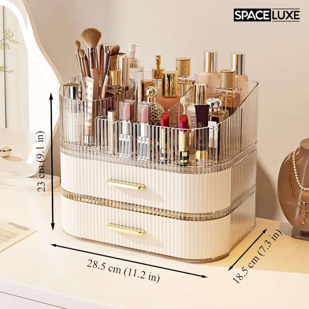 SpaceLuxe makeup organizer upper compartment with slots keeps essentials neatly arranged