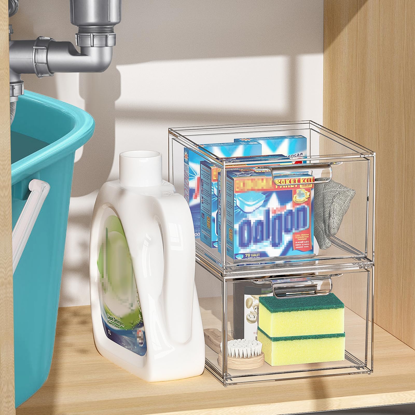 SpaceHacks transparent drawers simplify pantry or vanity organization and keep items visible.
