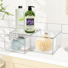 SpaceHacks stackable makeup organizer under sink saves space and reduces clutter.