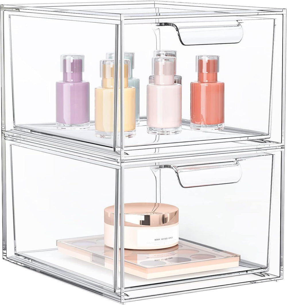 SpaceHacks stackable makeup organizer on vanity keeps cosmetics organized and accessible.